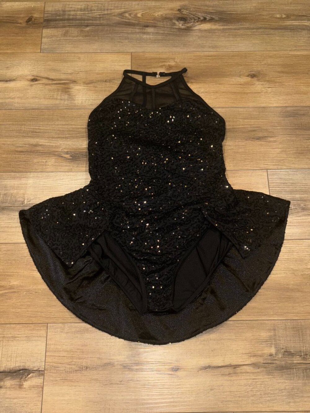 Weissman Black Sequin Mesh Halter Back Panel Skirt Leotard Dance Costume MC